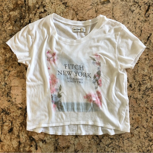 abercrombie kids🌸floral screen print silver tone sparkle logo white tee L / 14 - Picture 6 of 6